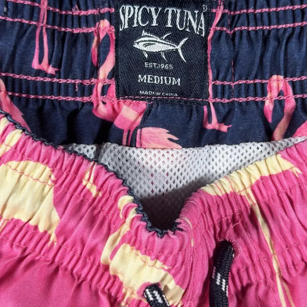 Spicy Tuna Shorts Mens Medium Pink Flamingo Swim Trunks Lined Drawstring Beach